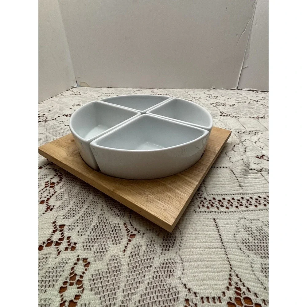 Alex Liddy Porcelain 4 Section Serving Set with Wooden Lazy Susan Turntable Base